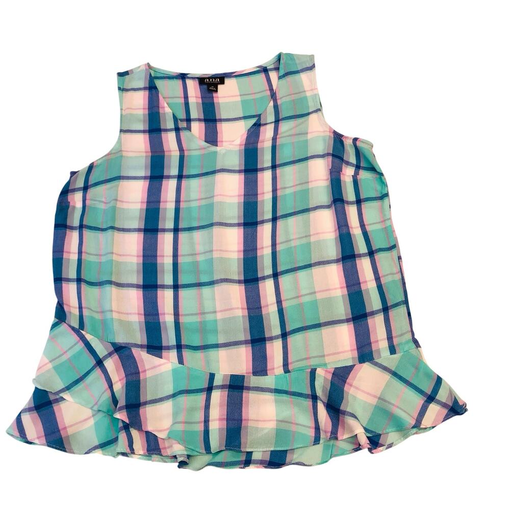 a.n.a. Blue White Pink Plaid Sleeveless Top Ruffled Trim Hem - Picture 8 of 16